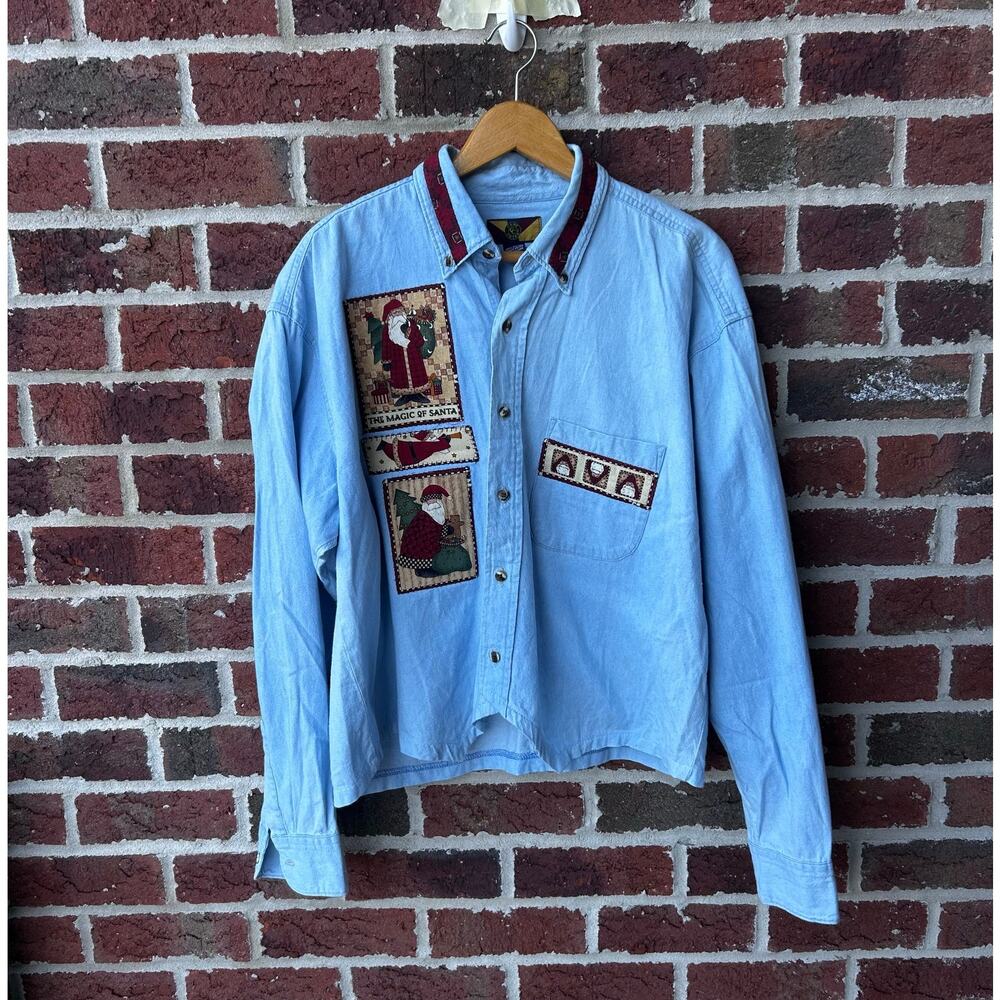 Vintage Cropped Santa Patchwork Button Up Shirt Womens L